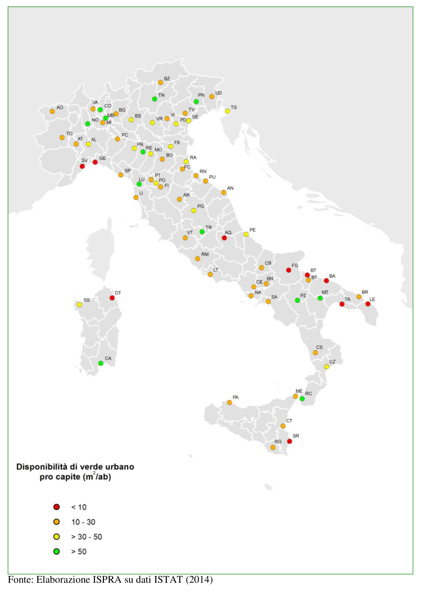 Disponibildad de verde per capita en las ciuidades Italianas, según el Documento ISPRA 2014